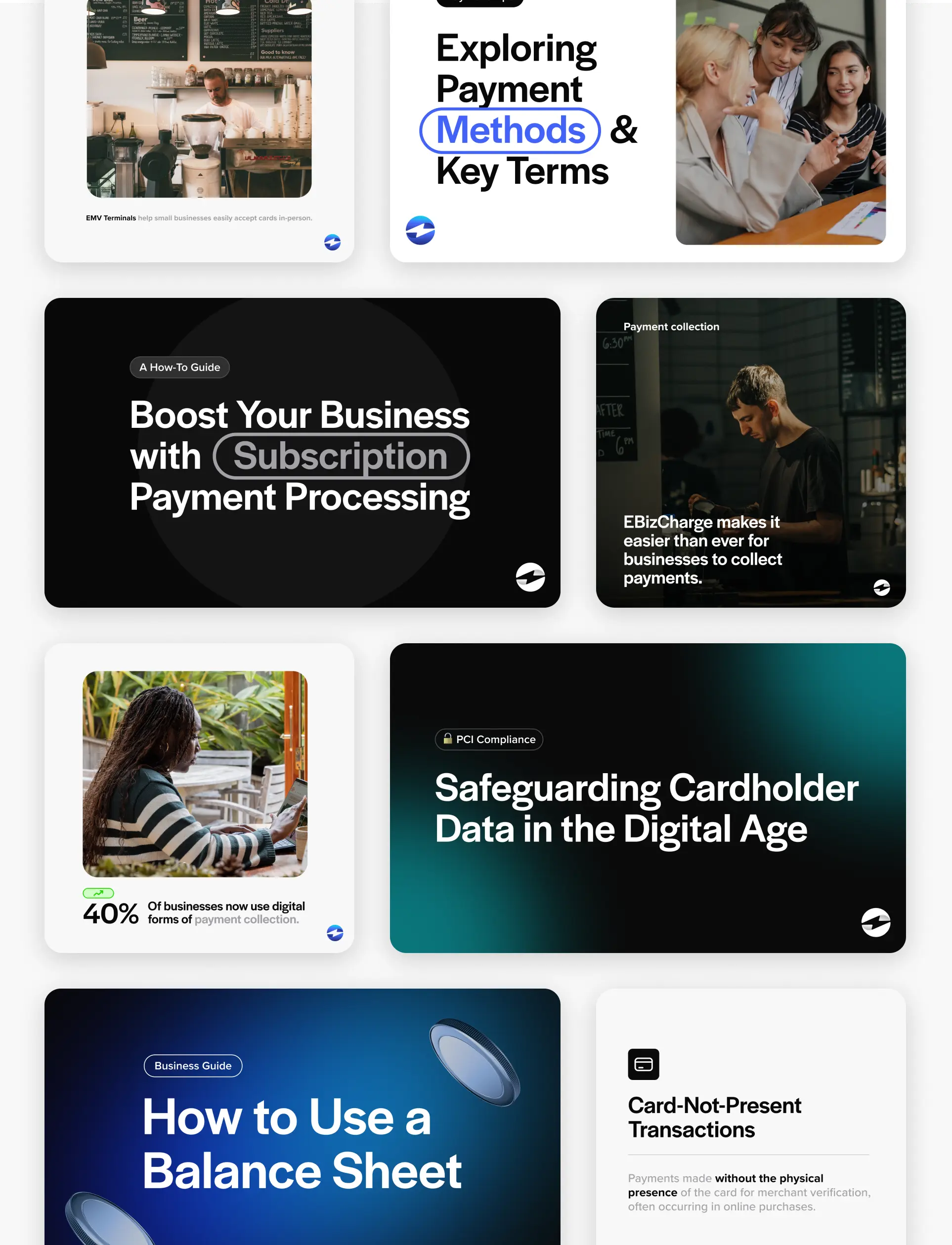 Modern finance blog thumbnail designs for EBizCharge