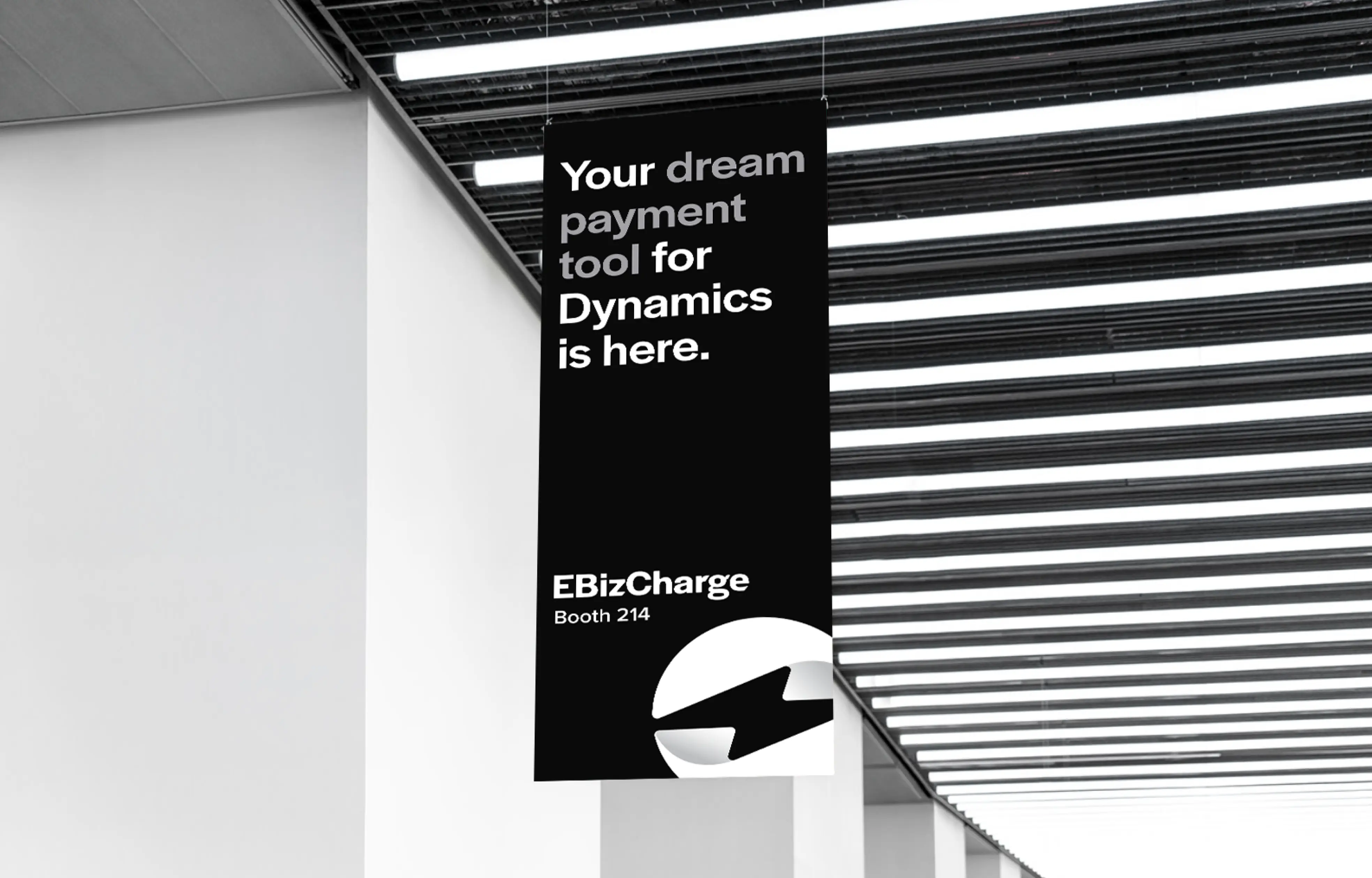 Hanging tradeshow banner for EBizCharge Fintech payment software