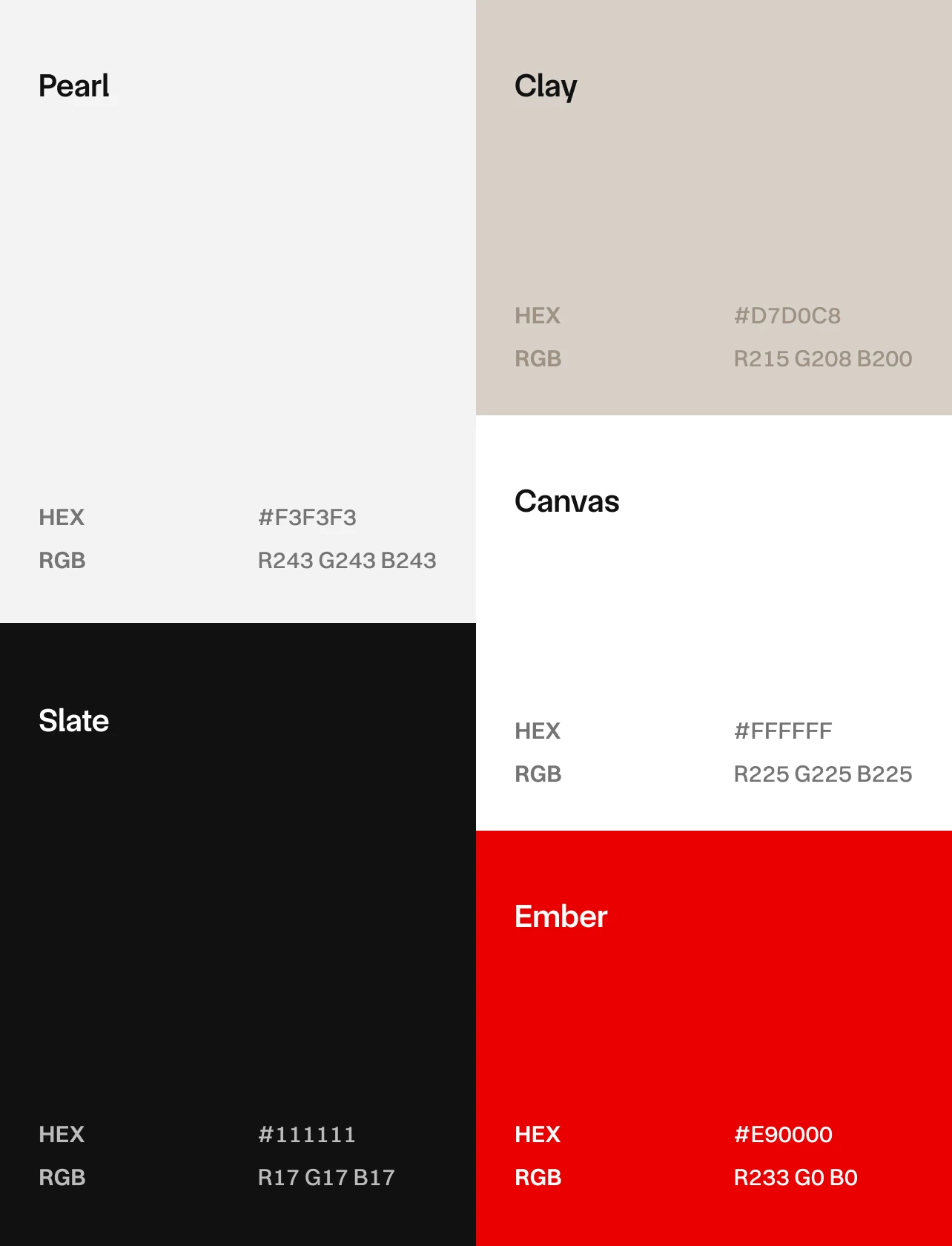 Red, white, clay, black, gray color palette for brand identity