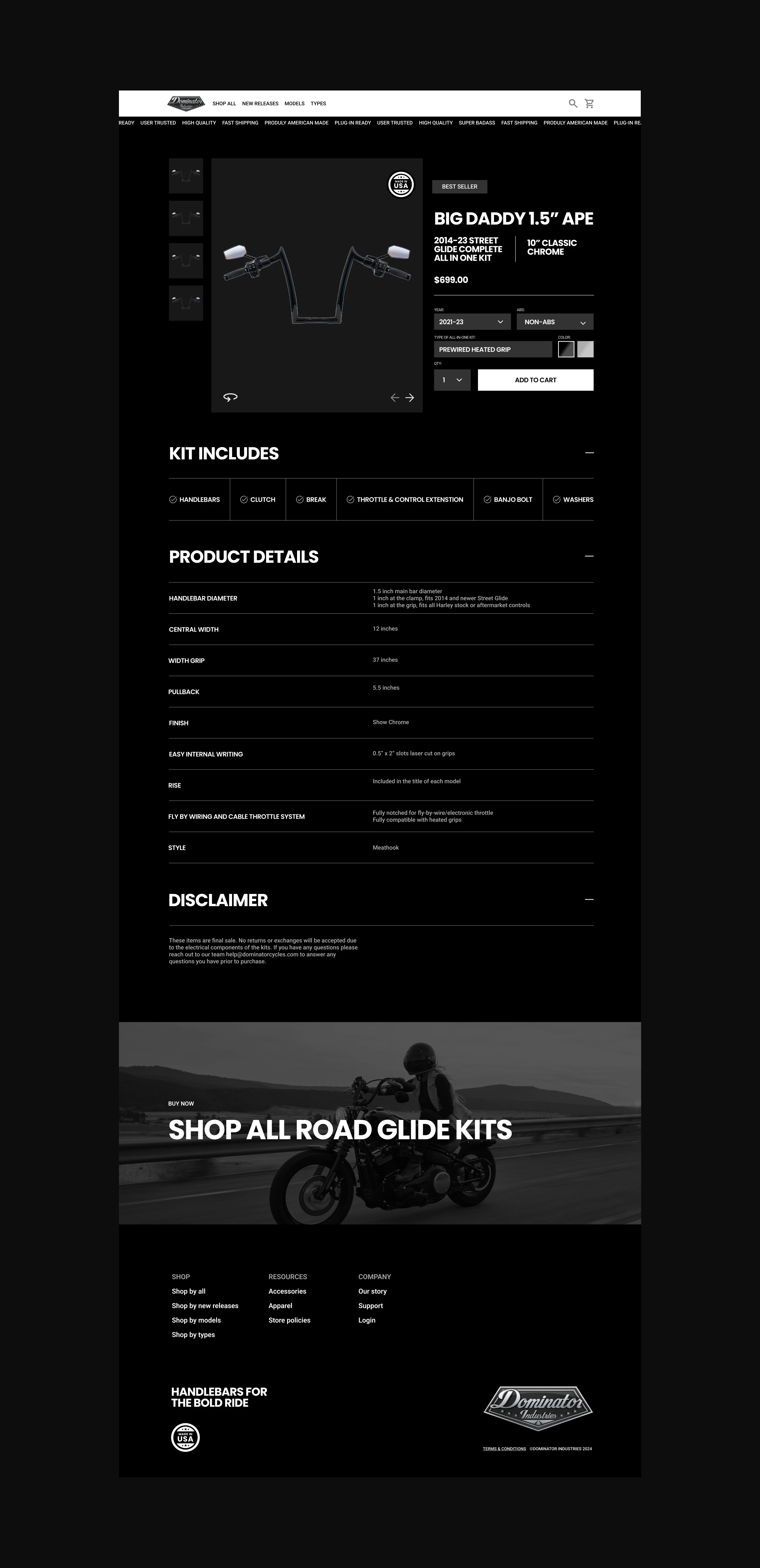 Ecommerce product page design for motorcycle part seller
