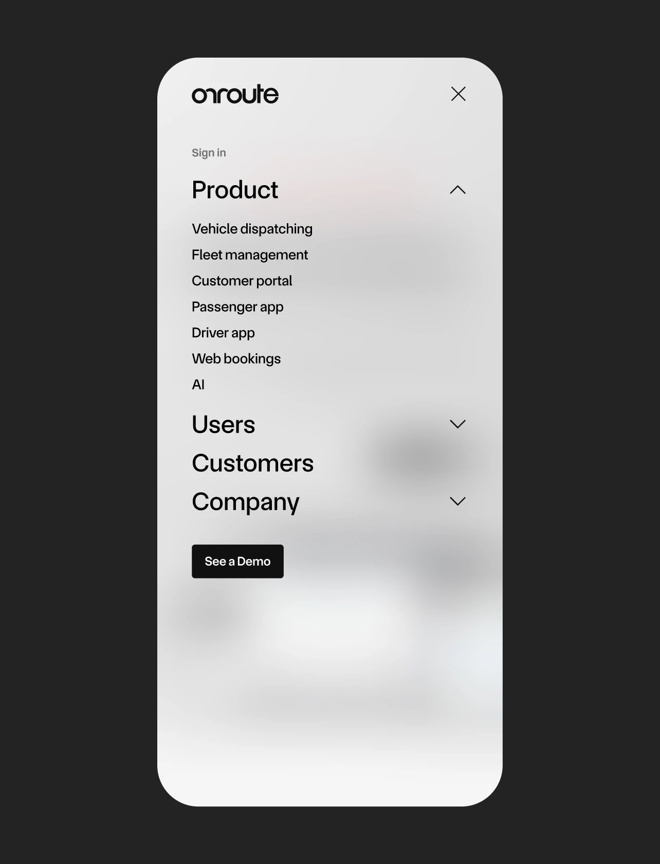 Blurred, minimal menu UI design for Onroute website