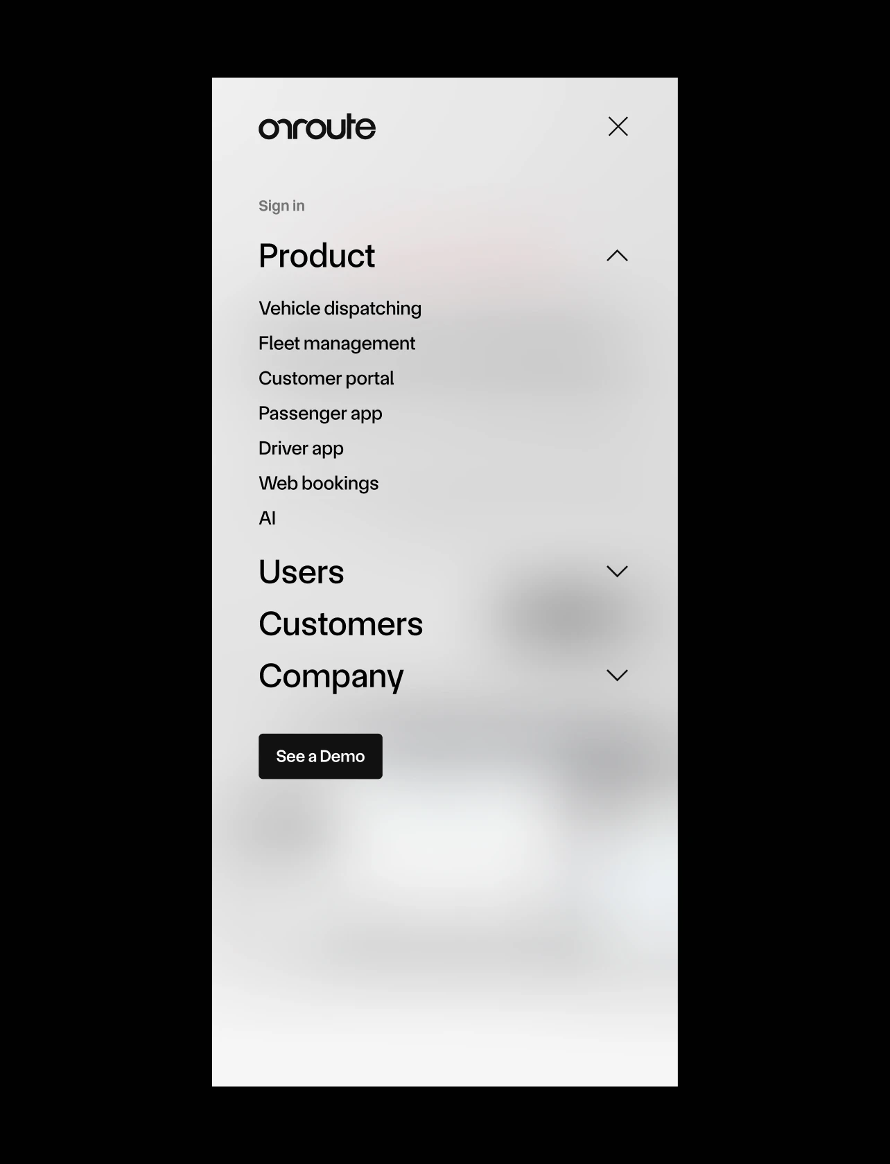 Blurred, minimal menu UI design for Onroute website