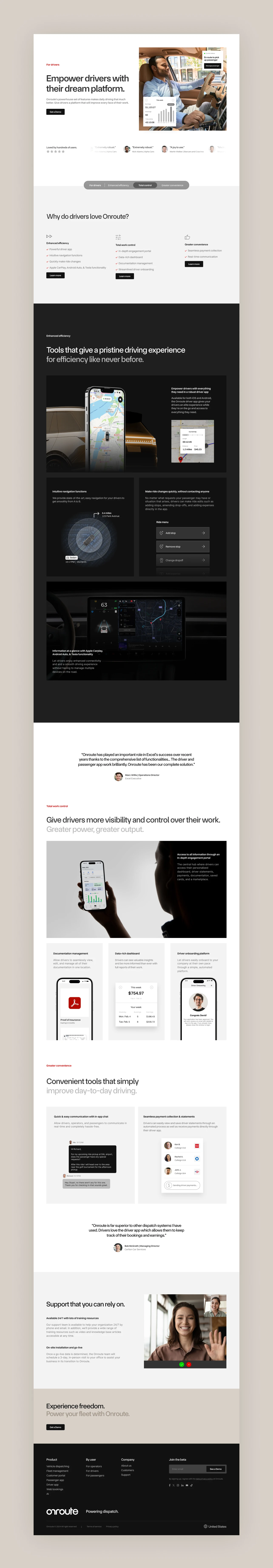 Dispatching for drivers web page design for Onroute