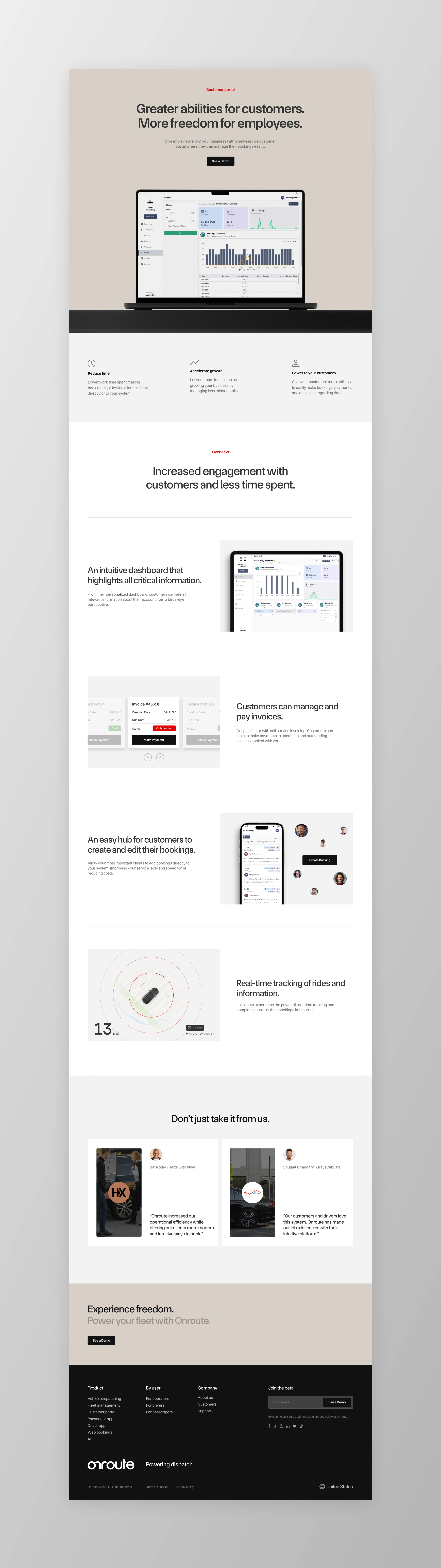 Customer portal web page design for Onroute dispatch software