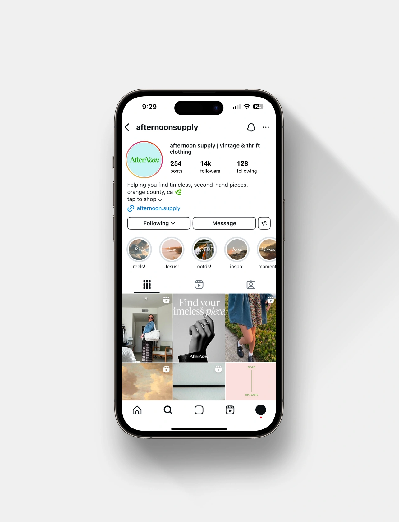 Instagram profile design for thrift brand identity