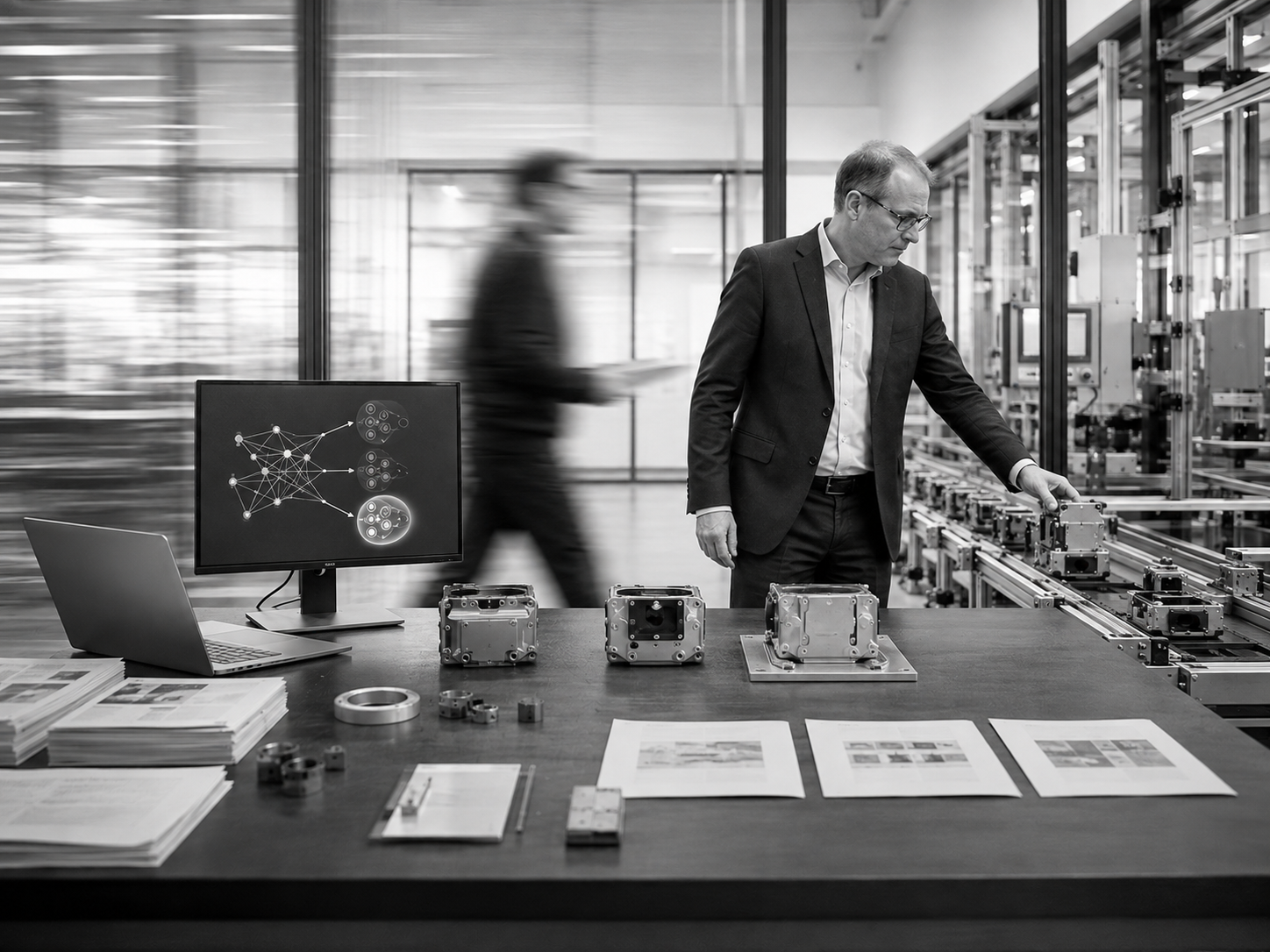Schwarzweiss-Fotografie: Führungskraft an der Fertigungslinie, im Vordergrund ein Bildschirm mit neuronalem Netz