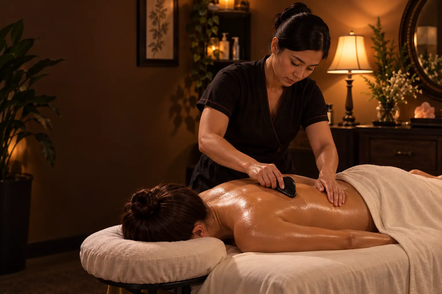 Body Gua Sha enhancement during a massage at Reflexology Plus