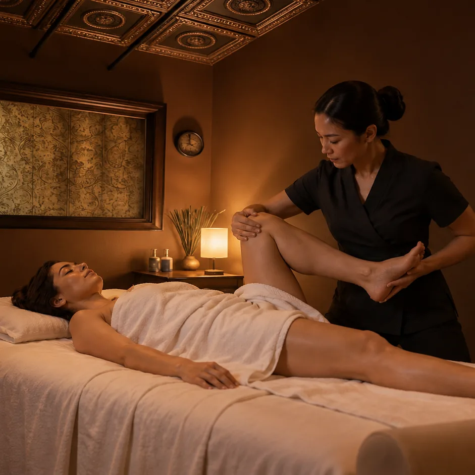 Thai massage therapist guiding a client through an assisted leg stretch at Reflexology Plus