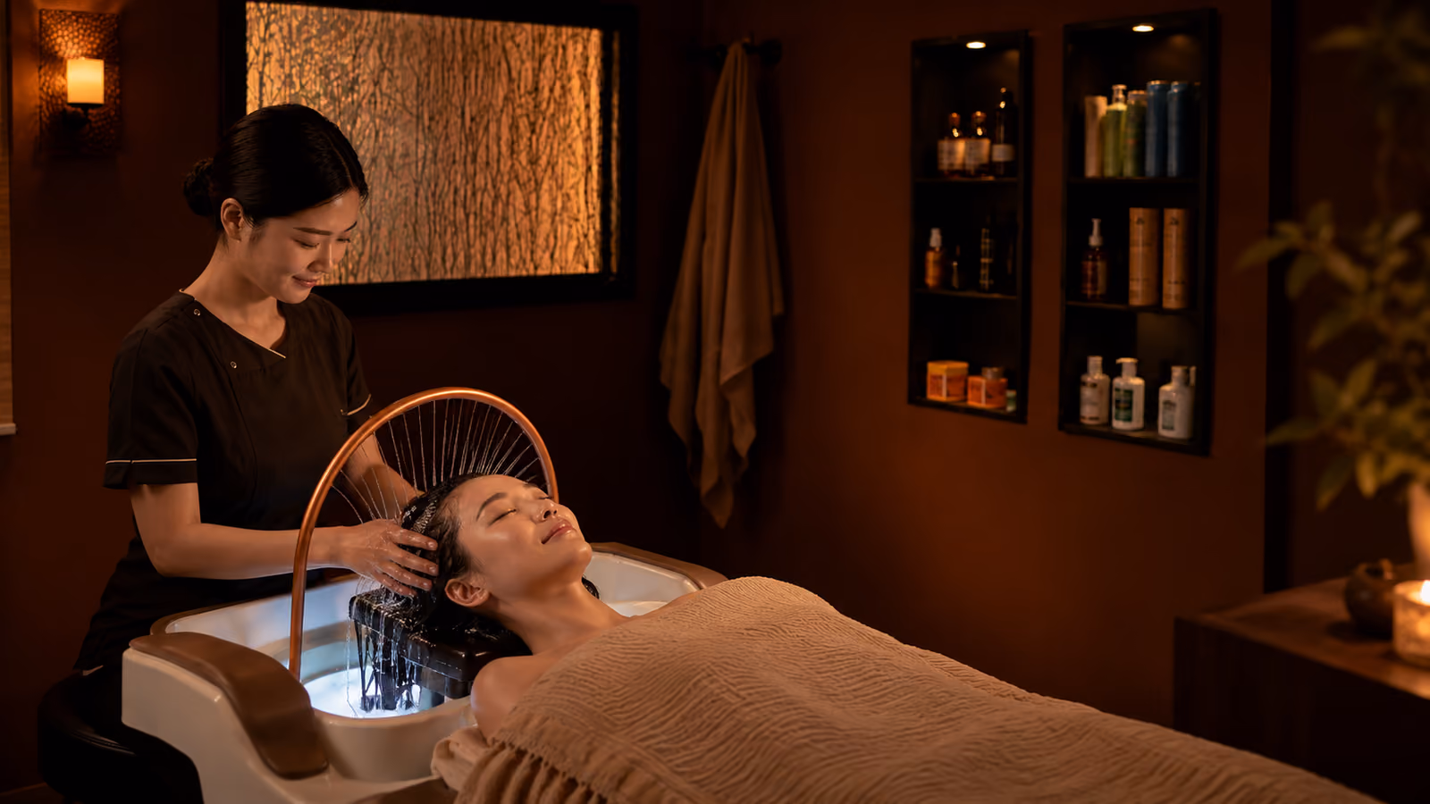 Japanese Head Spa scalp treatment from a side angle with warm water halo rinse at Reflexology Plus