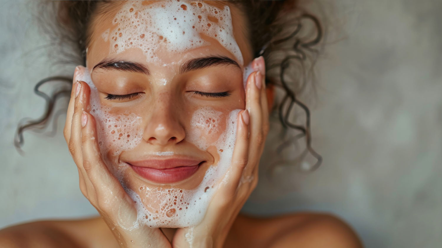 Smiling woman with eyes closed and cleansing foam on her face