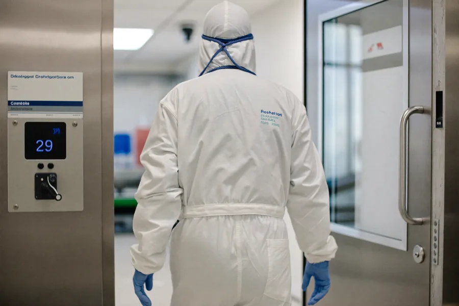 Ingenieur:in in Reinraumkleidung beim Betreten der Produktion