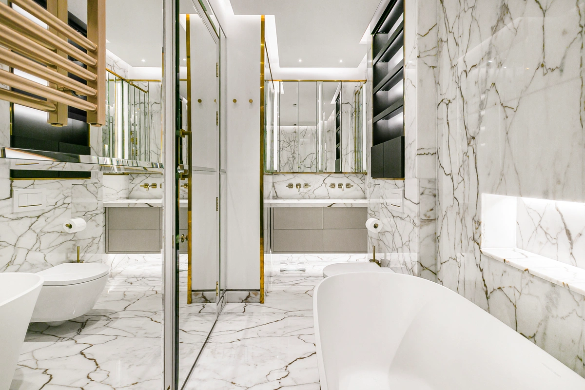 Contemporary bathroom featuring high-end fittings and serene tones