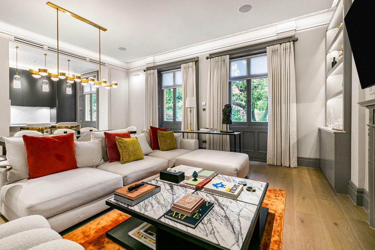 Sophisticated living room with plush seating and curated decor