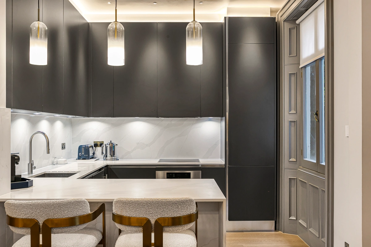 Elegant dining table set in a refined open-plan living space