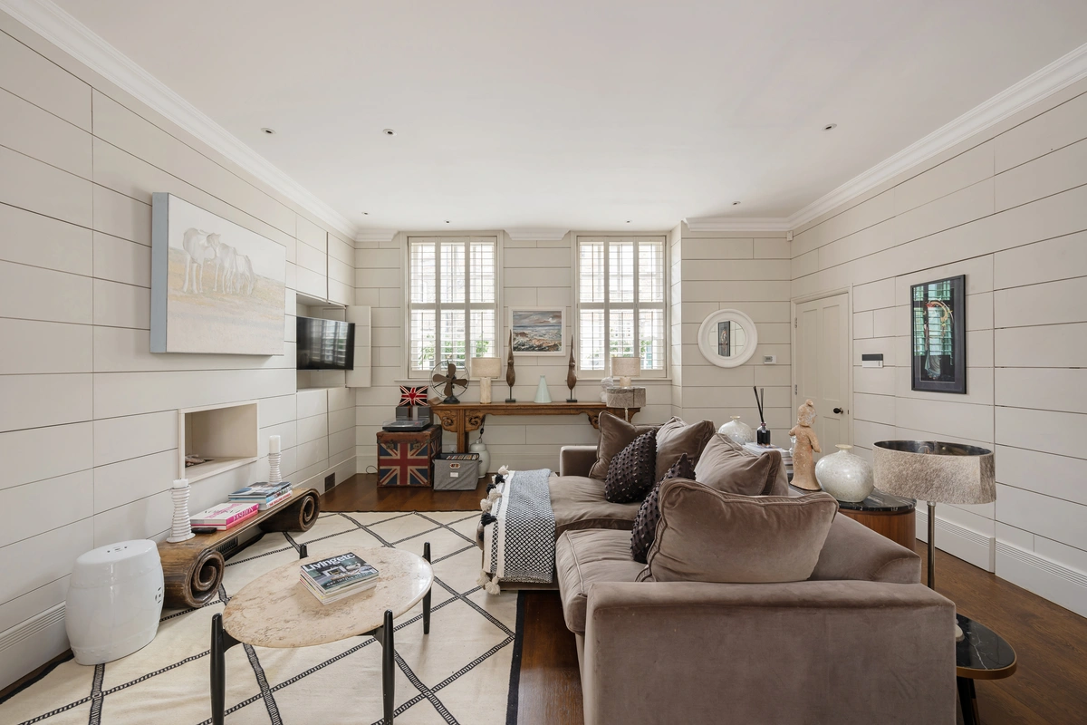 Stylish sitting area blending modern comfort with historic charm