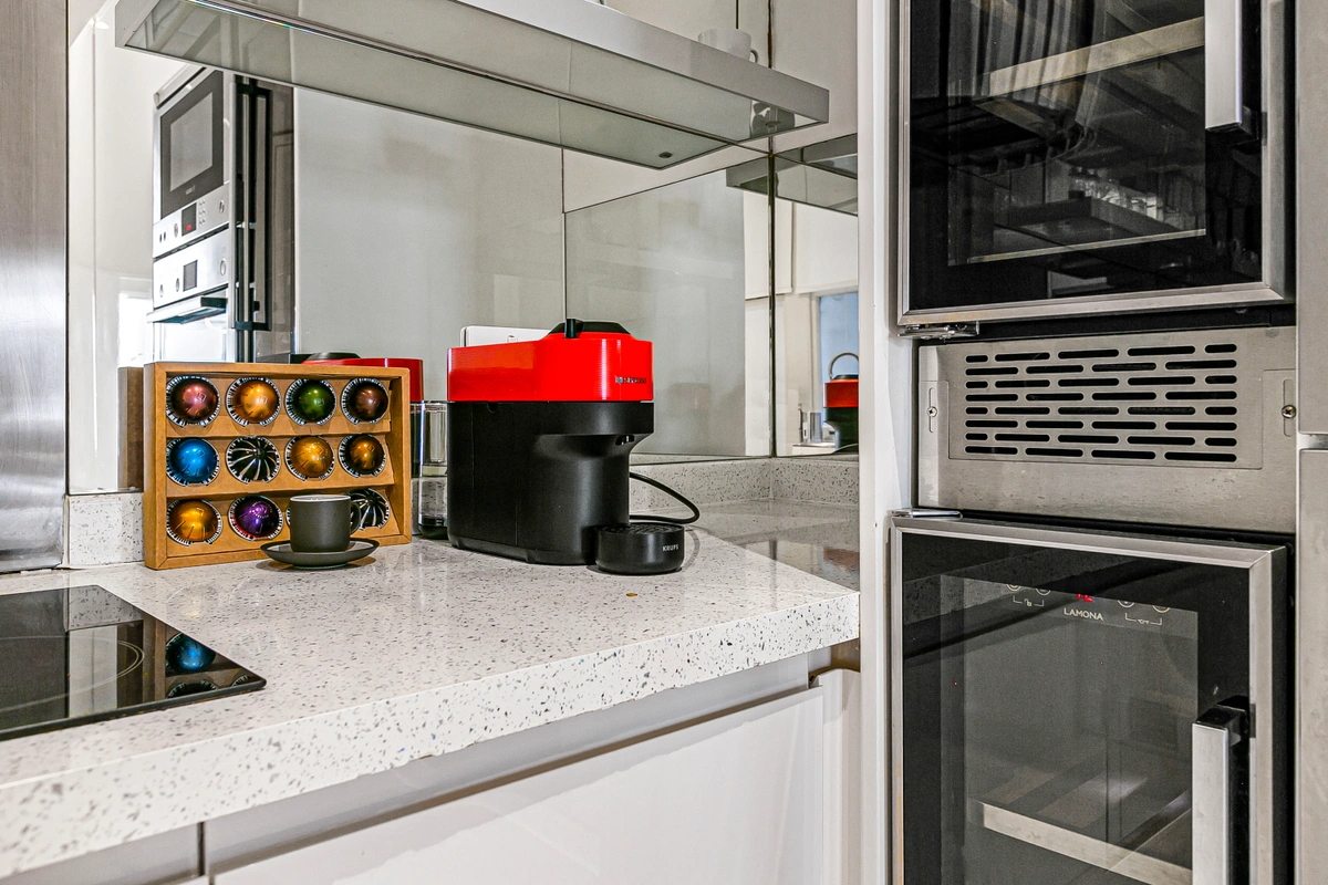 Close-up of premium espresso machine with coffee setup