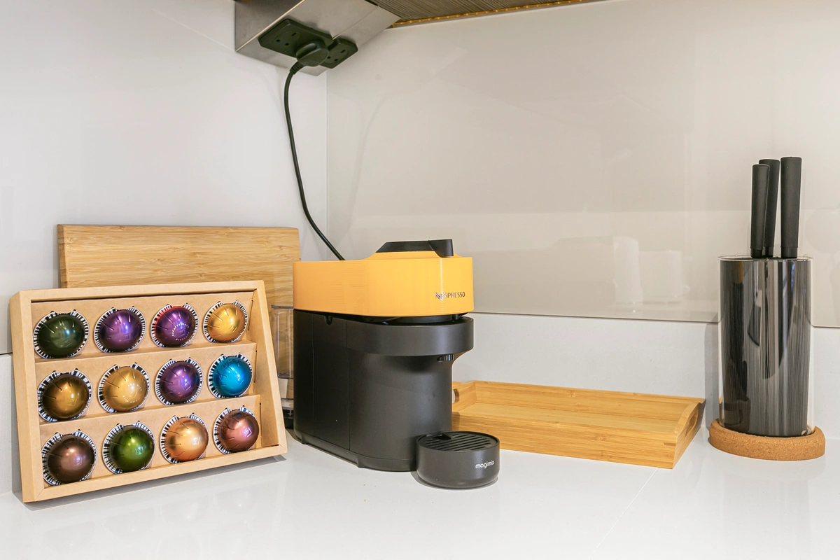 Close-up of premium coffee machine on designer kitchen counter