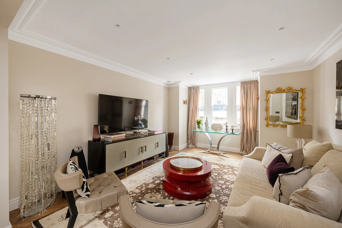 Spacious living room with comfortable seating and natural light