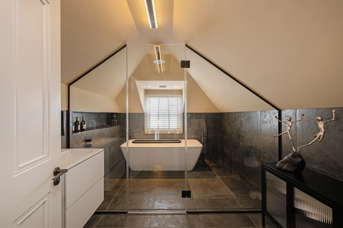 Contemporary bathroom with high-end finishes and walk-in shower