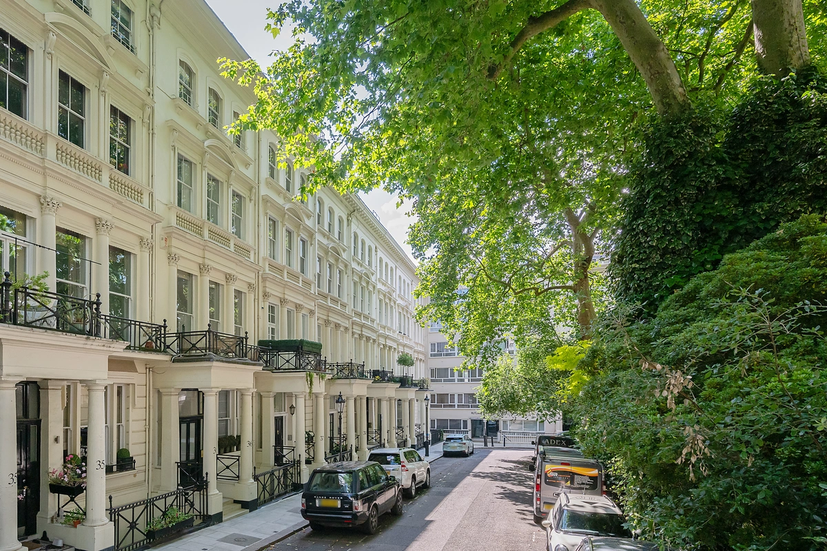 Exterior view of the secure building in Knightsbridge with classic architecture