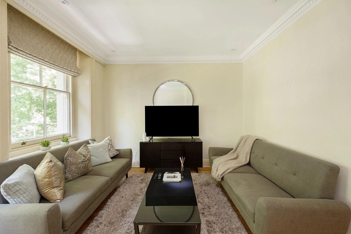 Bright living room with cozy seating and stylish accents