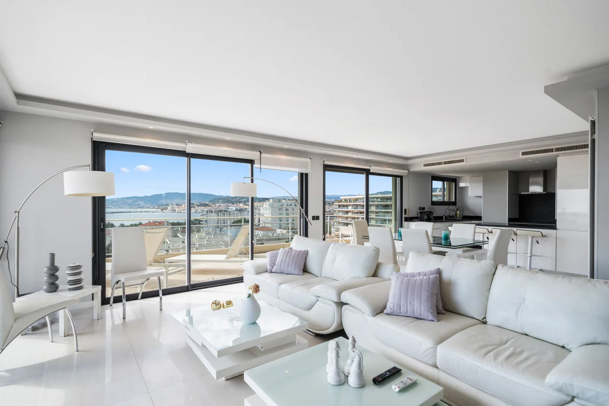 	Another angle of the bright living area at Casa Cribs overlooking the Mediterranean.