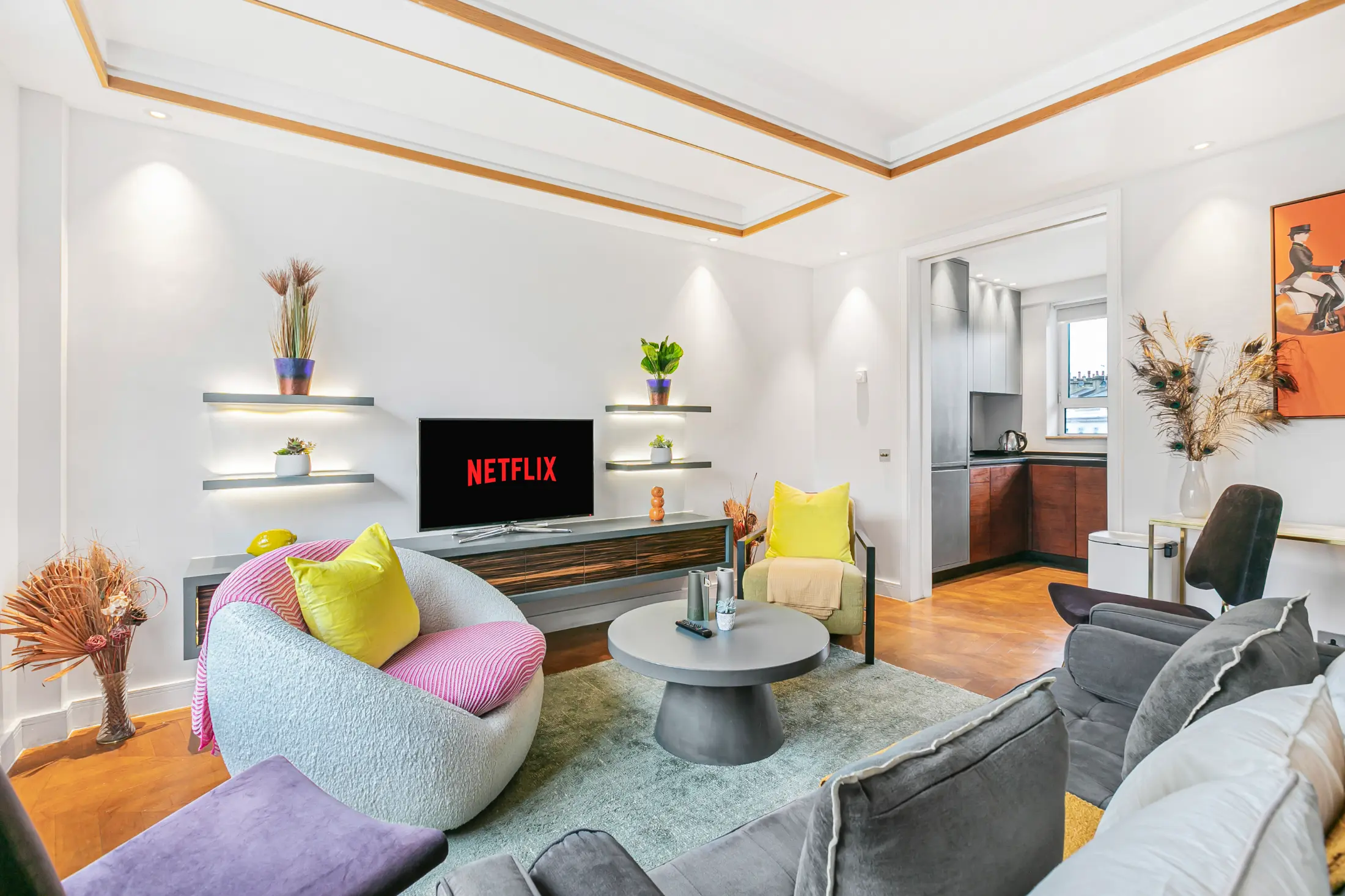 Full view of the bright living space at Casa Cribs blending elegance and comfort.