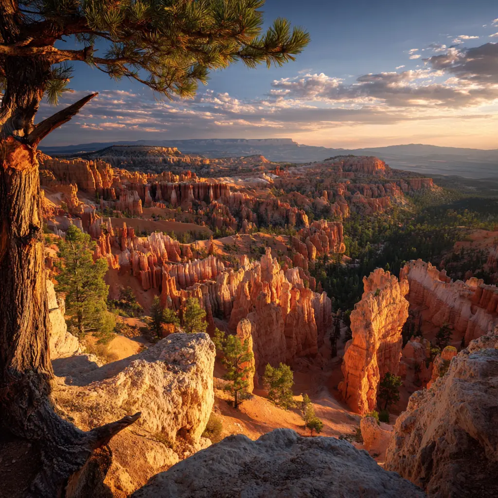 Falaises et cheminées de fées orangées au soleil couchant, pin au premier plan et vaste ciel nuageux.