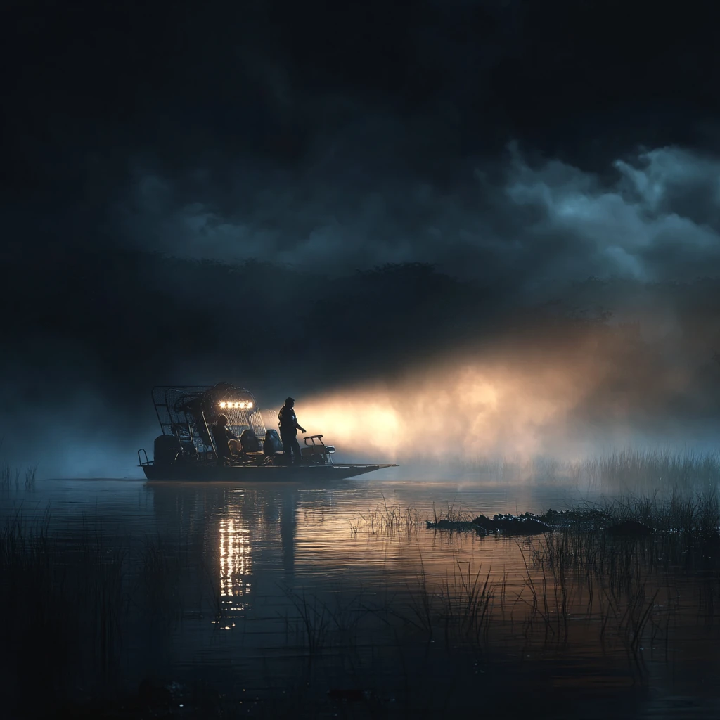 Bateau à hélice sur marais nocturne, faisceau lumineux dans le brouillard, silhouette à bord et reflets sur l’eau.