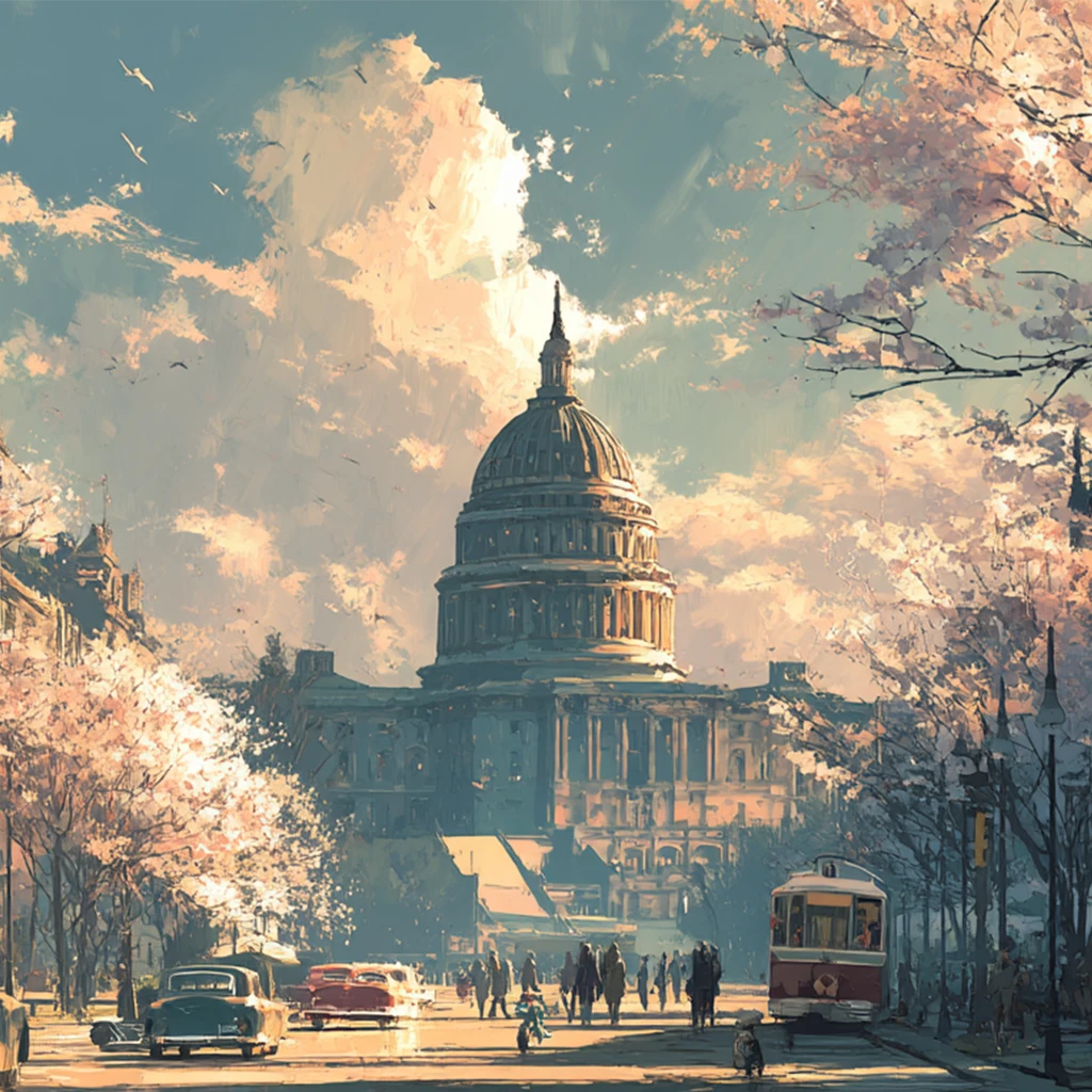 Le Capitole de Washington encadré de cerisiers en fleurs, rue animée avec piétons, voitures anciennes et tramway.