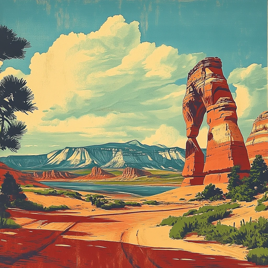 Illustration d’un paysage désertique avec grand arc rocheux rouge, sentier, lac et montagnes sous de gros nuages.