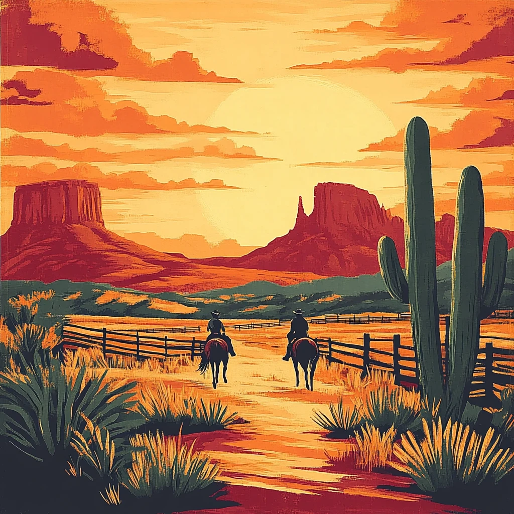 Deux cavaliers avancent sur un chemin désertique bordé de clôtures, cactus et mesas, sous un ciel orangé au couchant.