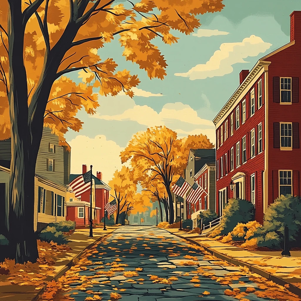 Rue pavée bordée d’arbres aux feuilles dorées, maisons en briques et drapeaux américains, ciel bleu parsemé de nuages.