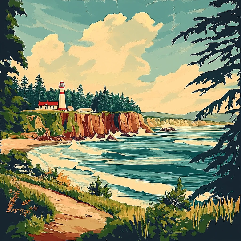 Phare rouge et blanc sur une falaise boisée, face à des vagues, avec sentier côtier au premier plan et ciel nuageux.