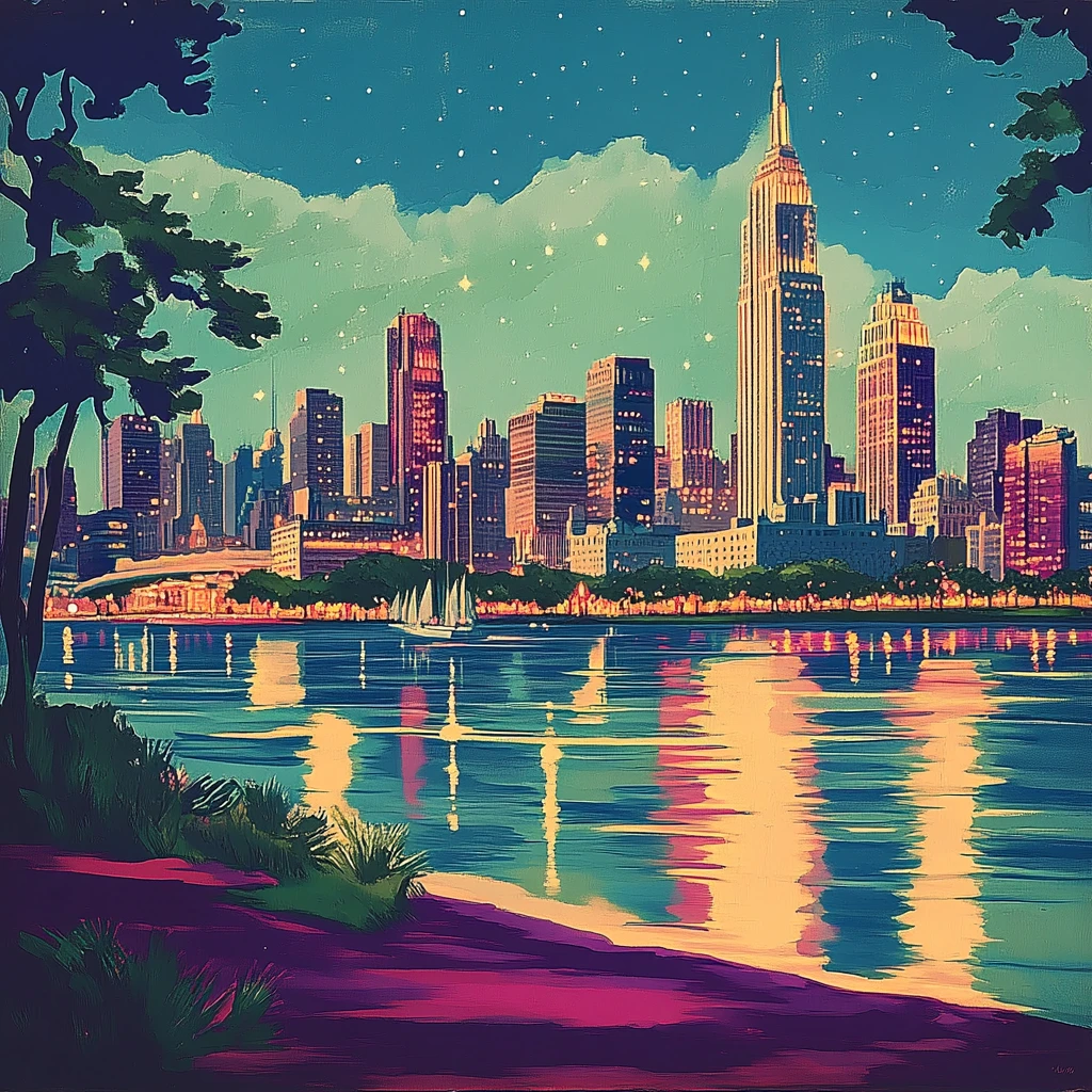 Vue nocturne d’une skyline au bord de l’eau, gratte-ciels illuminés, voiliers et reflets colorés sous un ciel étoilé.