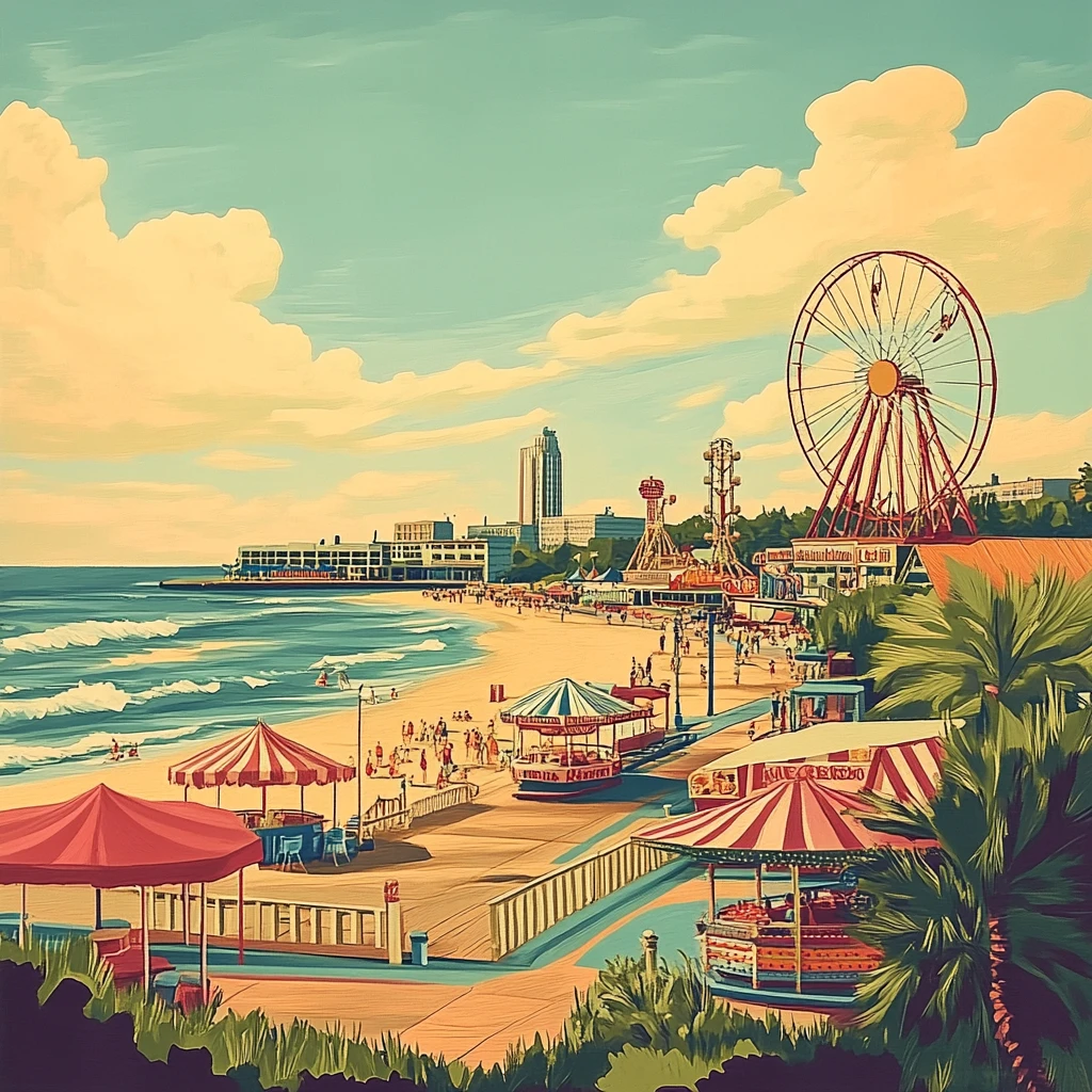 Plage animée avec promenade en bois, grande roue, manèges et stands à toits rayés, vagues sous ciel bleu.
