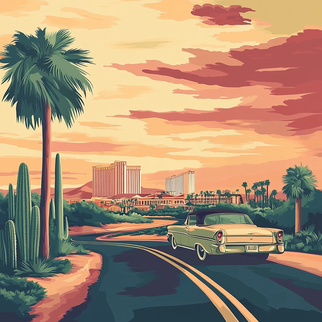 Décapotable des années 60 sur route sinueuse du désert, palmiers et cactus, ville d’hôtels et montagnes sous ciel rosé.
