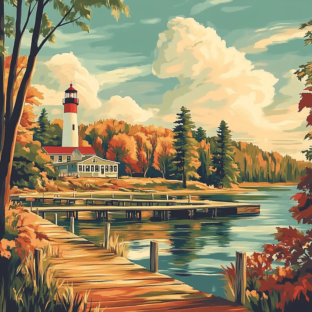 Peinture d’un phare blanc et rouge près d’un lac, ponton en bois au premier plan, forêt d’automne et gros nuages.
