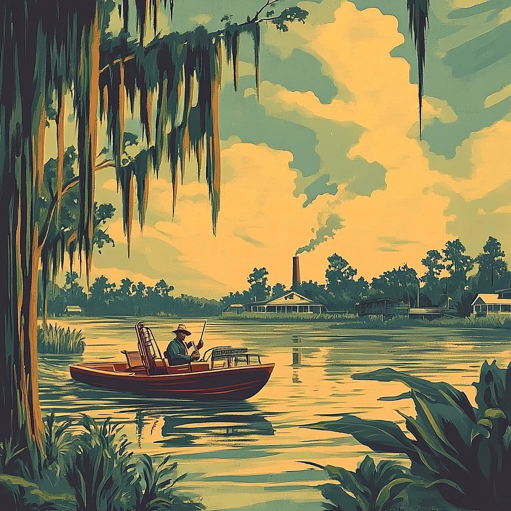 Homme pêchant dans une petite barque sur eau calme, mousses suspendues aux arbres, maisons et cheminée fumante au loin.