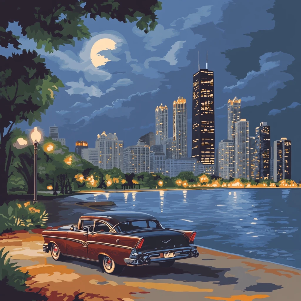Voiture ancienne garée au bord d’un lac, sous la lune, face à une skyline nocturne éclairée et des arbres.