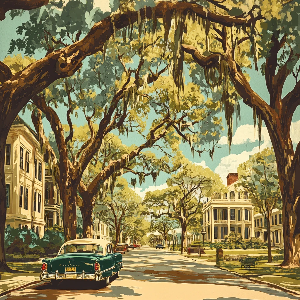 Rue bordée de grands chênes couverts de mousse, voiture ancienne verte au premier plan et demeures élégantes.