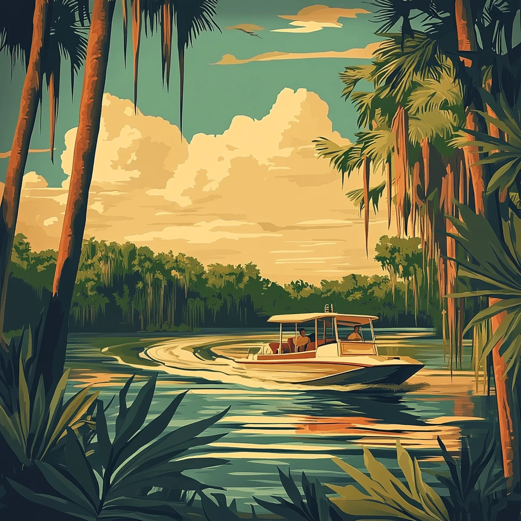 Un bateau à moteur glisse sur une rivière bordée de palmiers, eau miroitante et ciel doré, nuages épais à l’horizon.