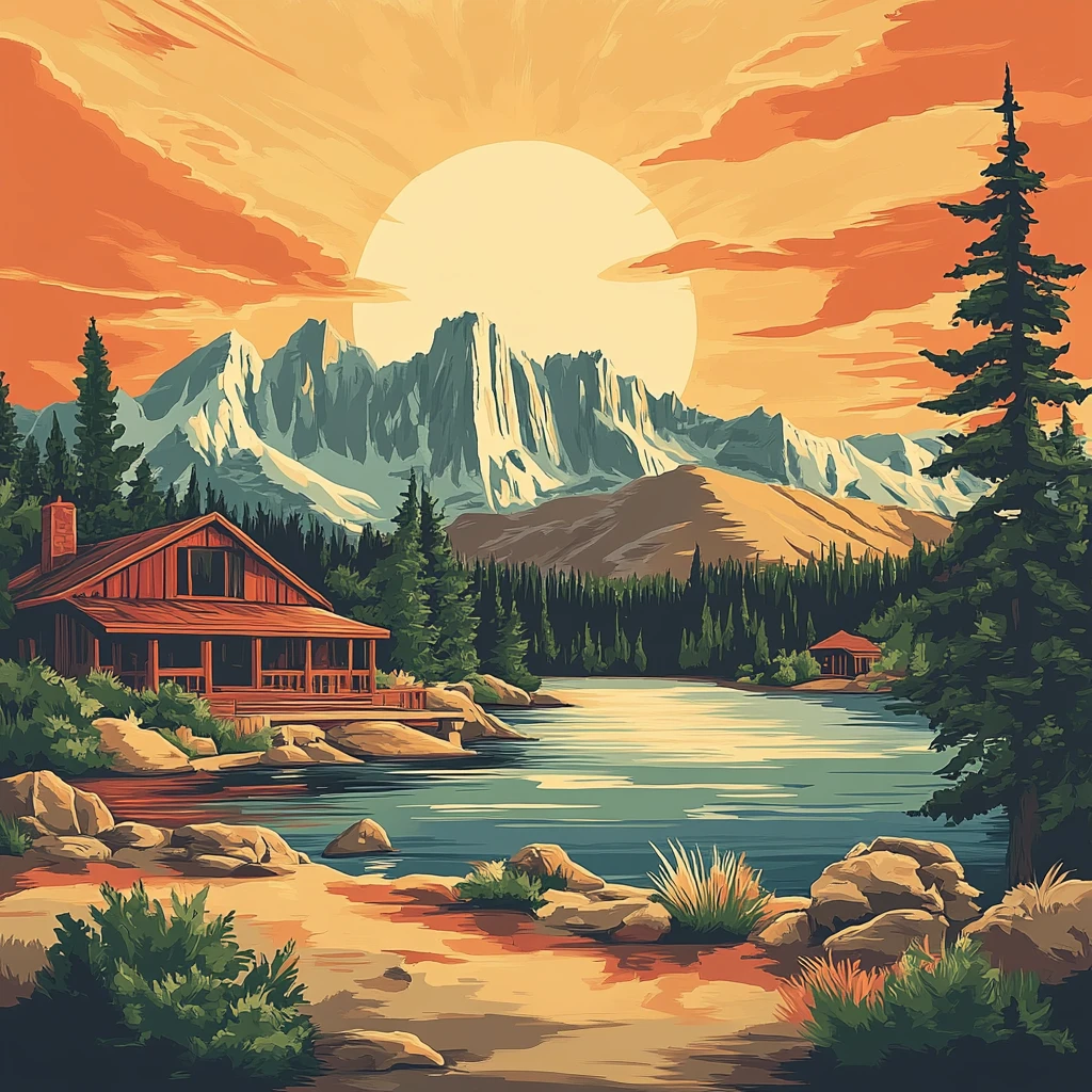 Cabane en bois au bord d’un lac, entourée de pins et rochers, face à des montagnes enneigées sous un soleil couchant.