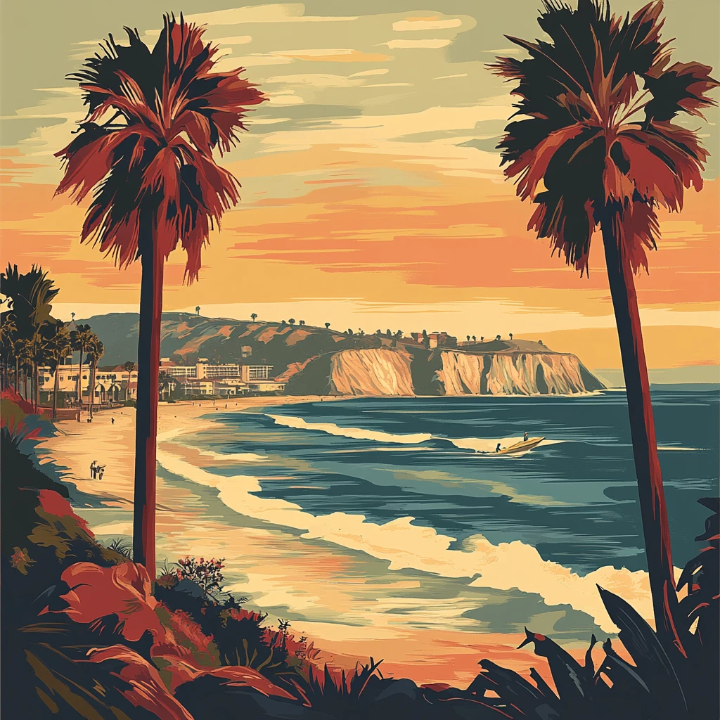 Plage stylisée au coucher du soleil, palmiers en avant-plan, vagues déferlantes, surfeurs et falaises lumineuses.