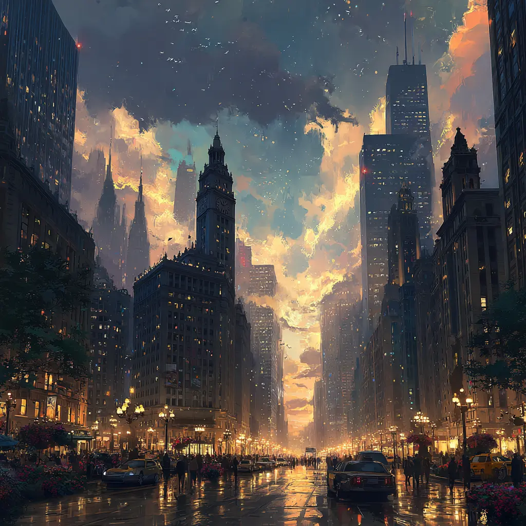 Grande avenue au crépuscule, chaussée mouillée, gratte-ciel éclairés, tour à horloge, voitures et passants, ciel doré.