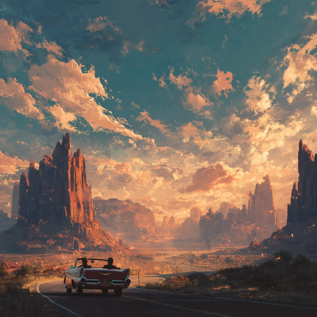 Décapotable rouge avec deux passagers sur une route sinueuse, entre hauts rochers d’un désert, ciel aux nuages dorés