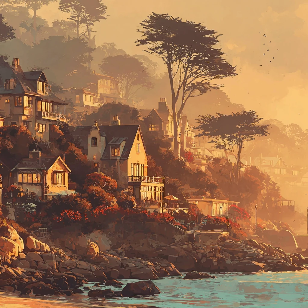 Maisons côtières sur une colline rocailleuse au coucher du soleil, grands cyprès, mer calme et oiseaux lointains.