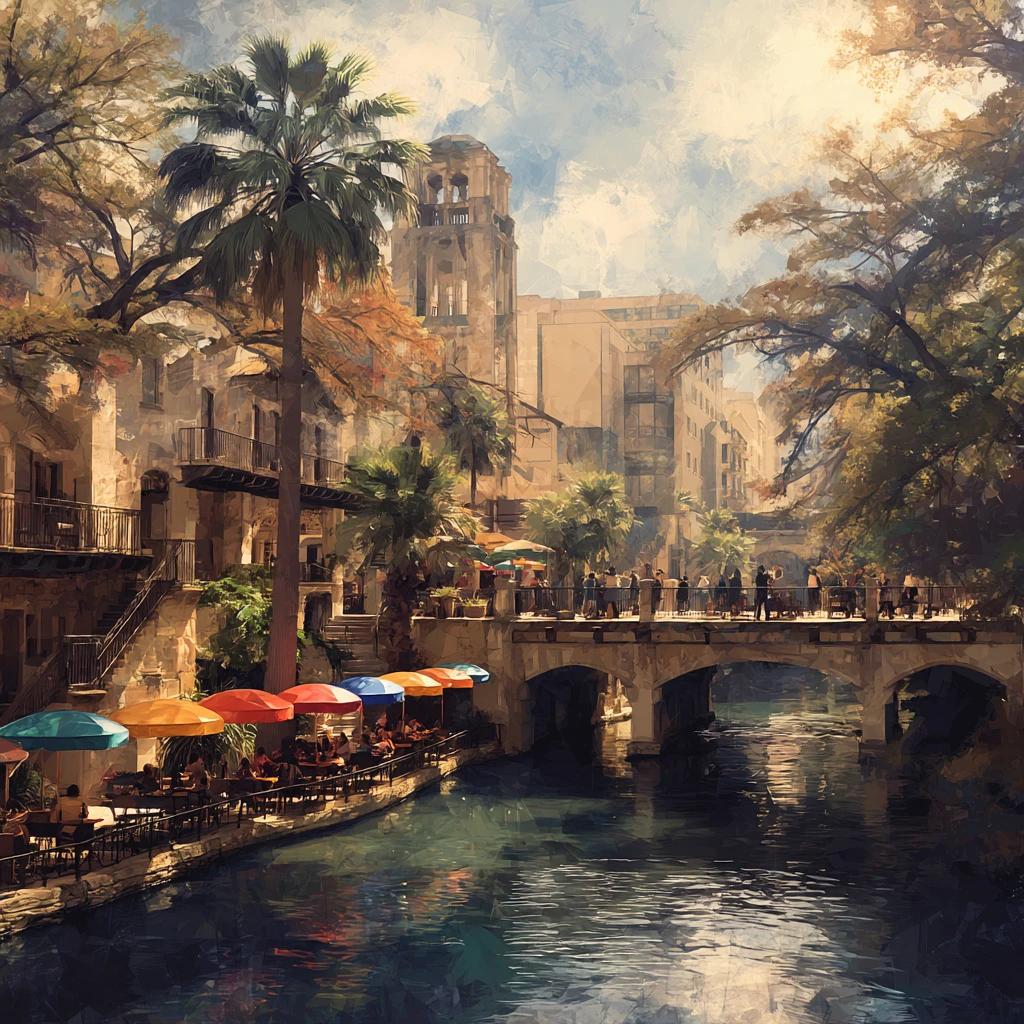 Canal aux eaux calmes, pont en pierre avec passants, cafés aux parasols multicolores et palmiers parmi vieux bâtiments.