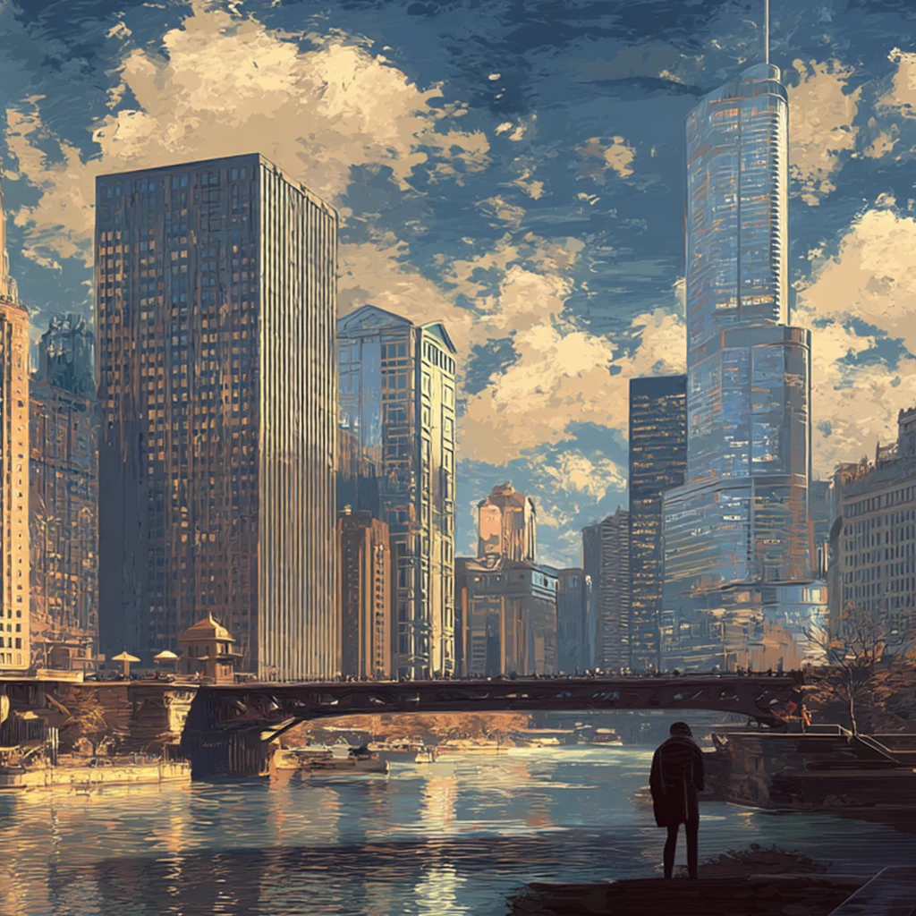 Silhouette d’une personne au bord d’une rivière, devant un pont et des gratte-ciel sous un ciel nuageux.