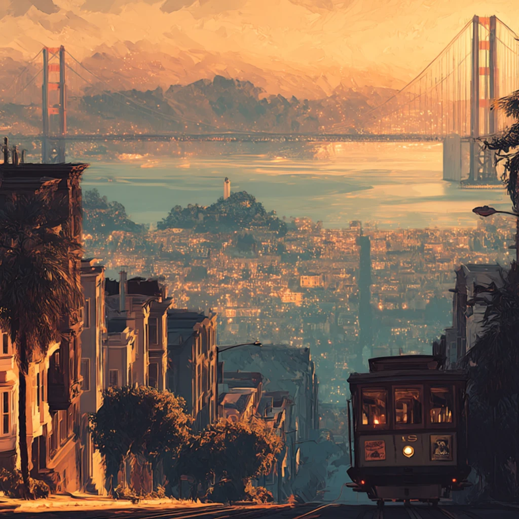 Tramway historique dévalant une rue en pente à San Francisco, au crépuscule, avec le Golden Gate Bridge sur la baie.